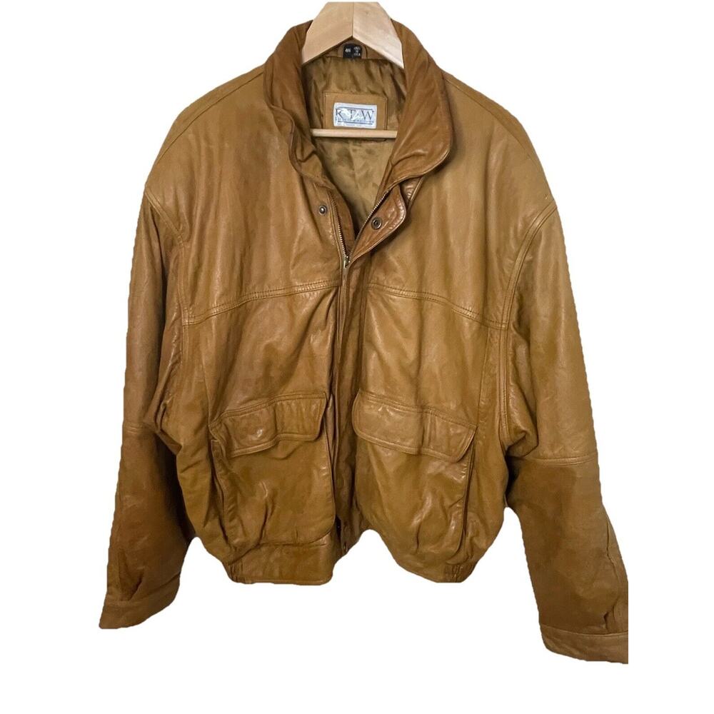 VTG 80s RTW Ready to Wind Down Tan Leather Bomber Jacket Men Sz 46 / L / XL